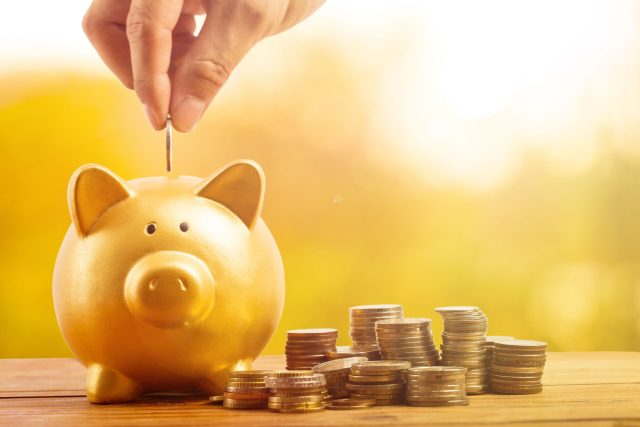 a person putting a coin into a piggy bank.